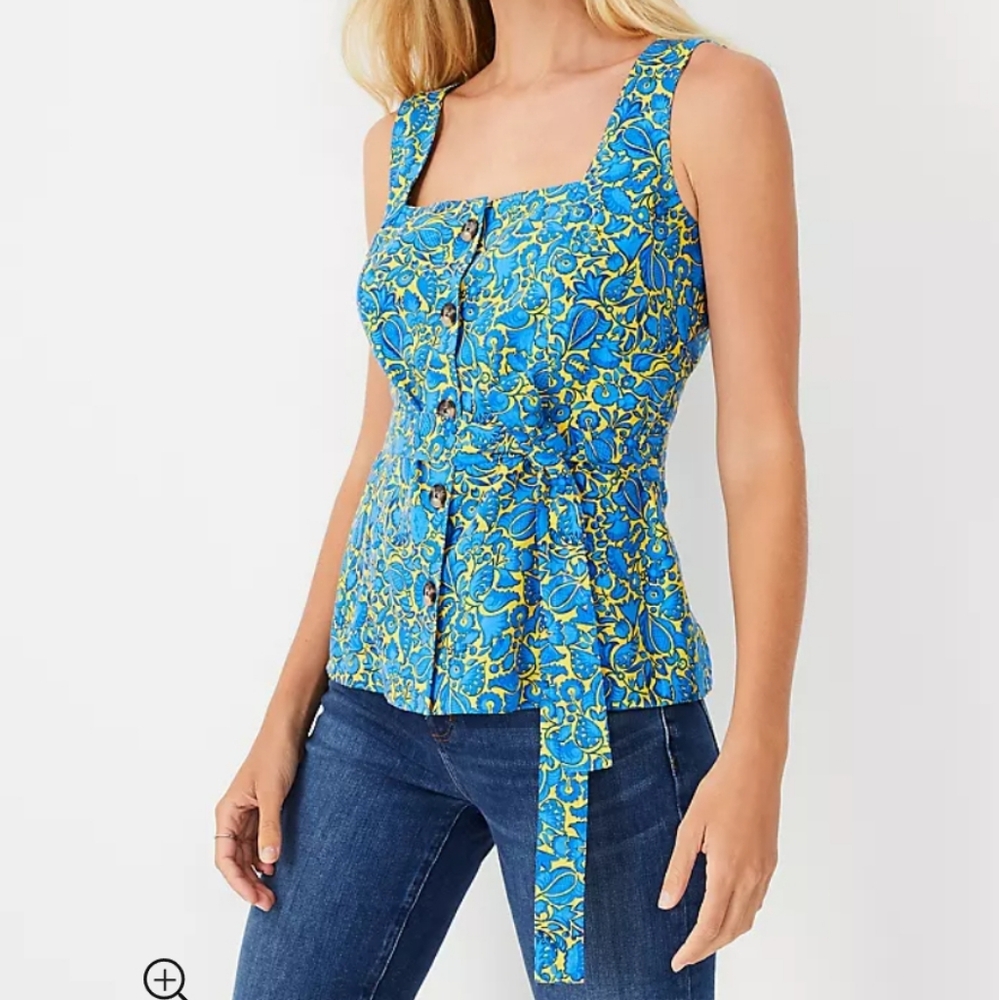 Ann Taylor Floral Linen Blend Belted Utility Tank Top Size XS Blue Yellow